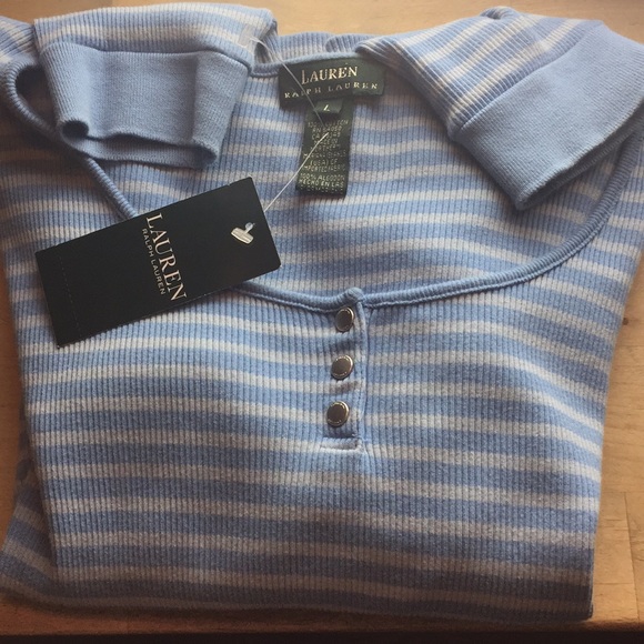 RALPH LAUREN Size LARGE Pullover Henley Dual-Blue Striped Ribbed Cotton $125 NEW - Picture 8 of 8